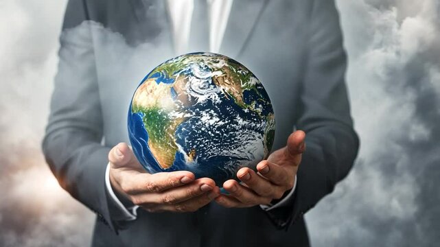 Holding the World: A sophisticated individual cradles the globe with utmost care, amidst a hazy atmosphere. A visual narrative on global stewardship.
