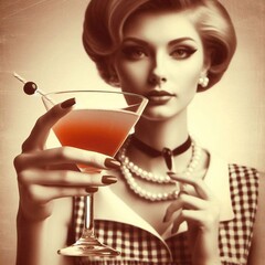 Vintage retro female hand holding cocktail. 1950s style on plain background