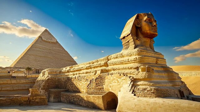 Ancient Sphinx and Great Pyramid stand together under a clear sky in Giza, revealing the majesty of Egyptian civilization