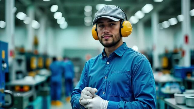 Factory worker wearing hearing protection headphones, blue uniform, cap and white safety gloves in industrial manufacturing facility. Production line technician in workshop environment with machinery