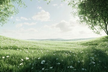Serene landscape with blooming flowers under a clear sky and gentle sunlight