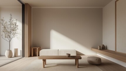 Fototapeta premium Modern living room with a minimalist design. the room has a large window on the left side, allowing natural light to enter the space.