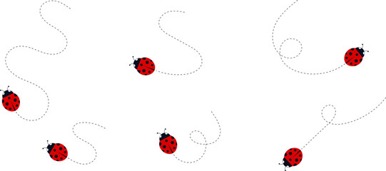 Cartoon ladybug icon set. Ladybugs flying on dotted route. Cute ladybug characters collection. Ladybug with dotted path. Ladybugs flying on dotted route. Vector illustration isolated on white.