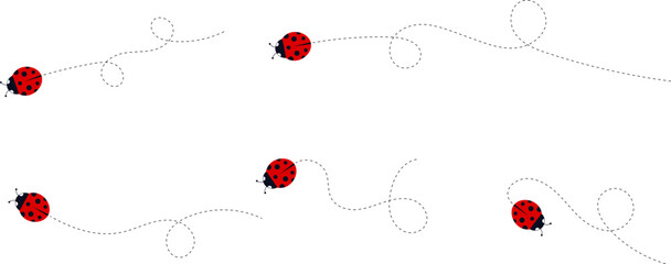 Cartoon ladybug icon set. Ladybugs flying on dotted route. Cute ladybug characters collection. Ladybug with dotted path. Ladybugs flying on dotted route. Vector illustration isolated on white.