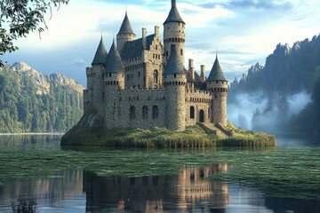 Majestic stone castle nestled on an island surrounded by serene waters and lush mountains