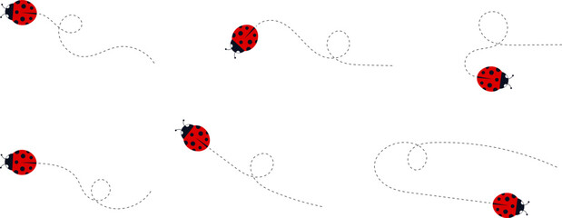 Cartoon ladybug icon set. Ladybugs flying on dotted route. Cute ladybug characters collection. Ladybug with dotted path. Ladybugs flying on dotted route. Vector illustration isolated on white.