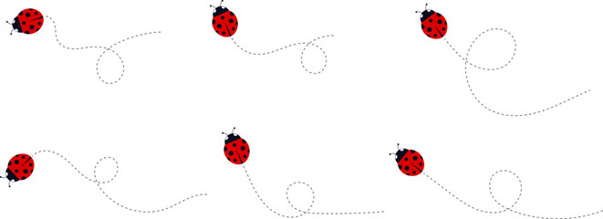 Cartoon ladybug icon set. Ladybugs flying on dotted route. Cute ladybug characters collection. Ladybug with dotted path. Ladybugs flying on dotted route. Vector illustration isolated on white.
