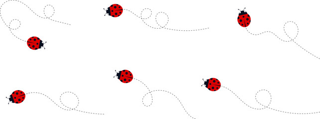 Cartoon ladybug icon set. Ladybugs flying on dotted route. Cute ladybug characters collection. Ladybug with dotted path. Ladybugs flying on dotted route. Vector illustration isolated on white.