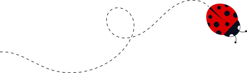 Cartoon ladybug icon set. Ladybugs flying on dotted route. Cute ladybug characters collection. Ladybug with dotted path. Ladybugs flying on dotted route. Vector illustration isolated on white.