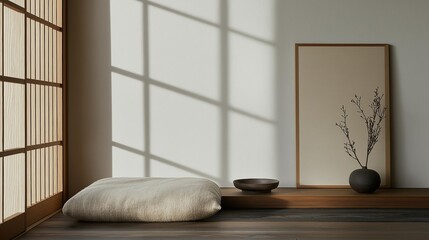 Modern and minimalist interior design of a room with a large window on the left side. the window has a wooden frame with vertical slats that are arranged in a grid-like pattern.
