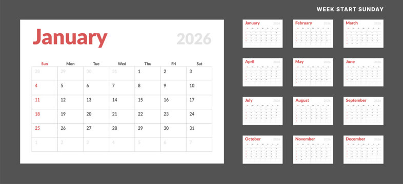 2026 Calendar Planner Set of new Template 12 Monthly Page for Corporate or Personal use. Vector layout of a wall or desk organizer with week start Sunday for print. Page for size A4 -21x29.7 cm
