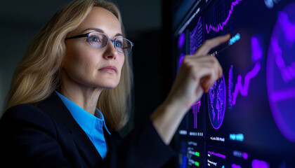 professional woman interacts with digital display, analyzing data visualizations and graphs. Her focused expression reflects determination