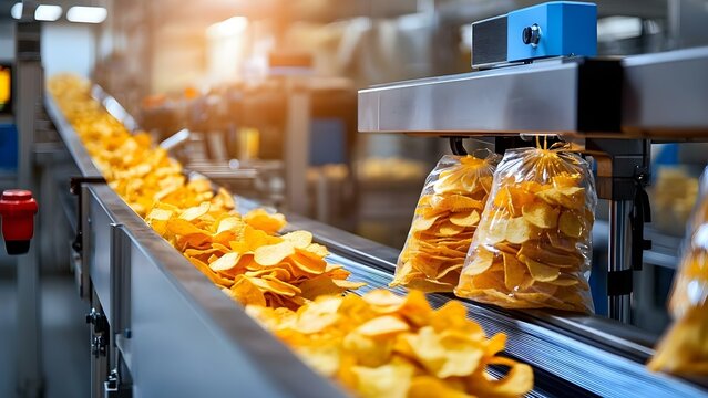 A conveyor belt in a factory with bags of potato chips being filled and processed. Concept Conveyor Belt Operation, Potato Chip Processing, Manufacturing Efficiency, Quality Control