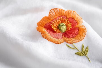 Intricate hand embroidery of a vibrant orange poppy flower on white fabric.