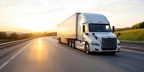 Low-angle dynamic shot of a modern white semi-truck driving on a highway at sunset with motion blur