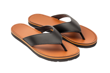 Black and brown leather flip-flops with textured sole on white background, cut out