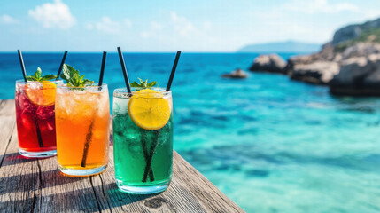 Refreshing beverages perfect for summer themes and advertising concepts, ideal for refreshment. Summer Drink Concept
