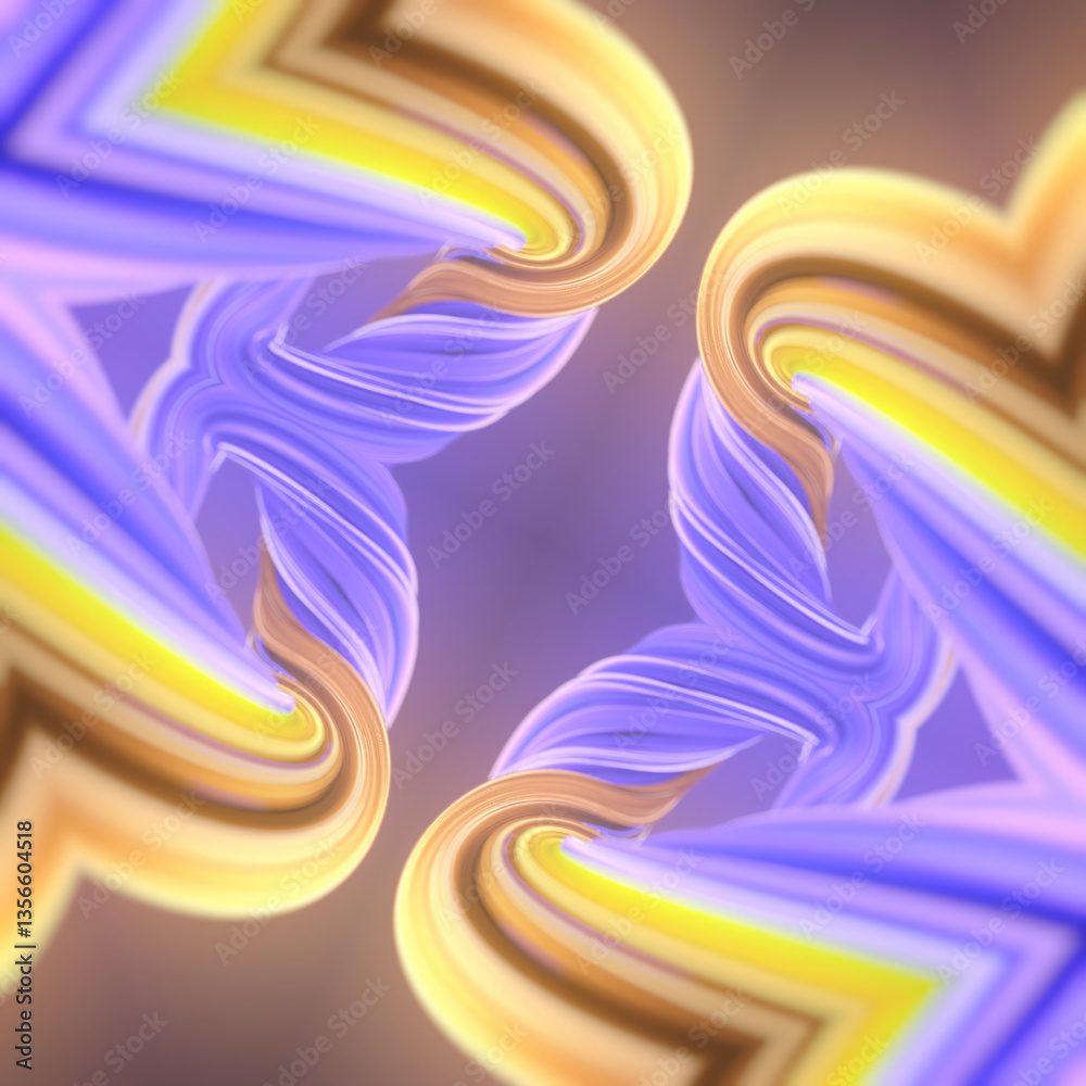 Fototapete Abstract composition with an intriguing three-dimensional symmetrical figure that creates a complex pattern. Gradients of purple and yellow emphasize spatial depth. 3d rendering digital illustration