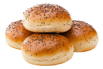 Four freshly baked poppy seed hamburger buns stacked together, cut out