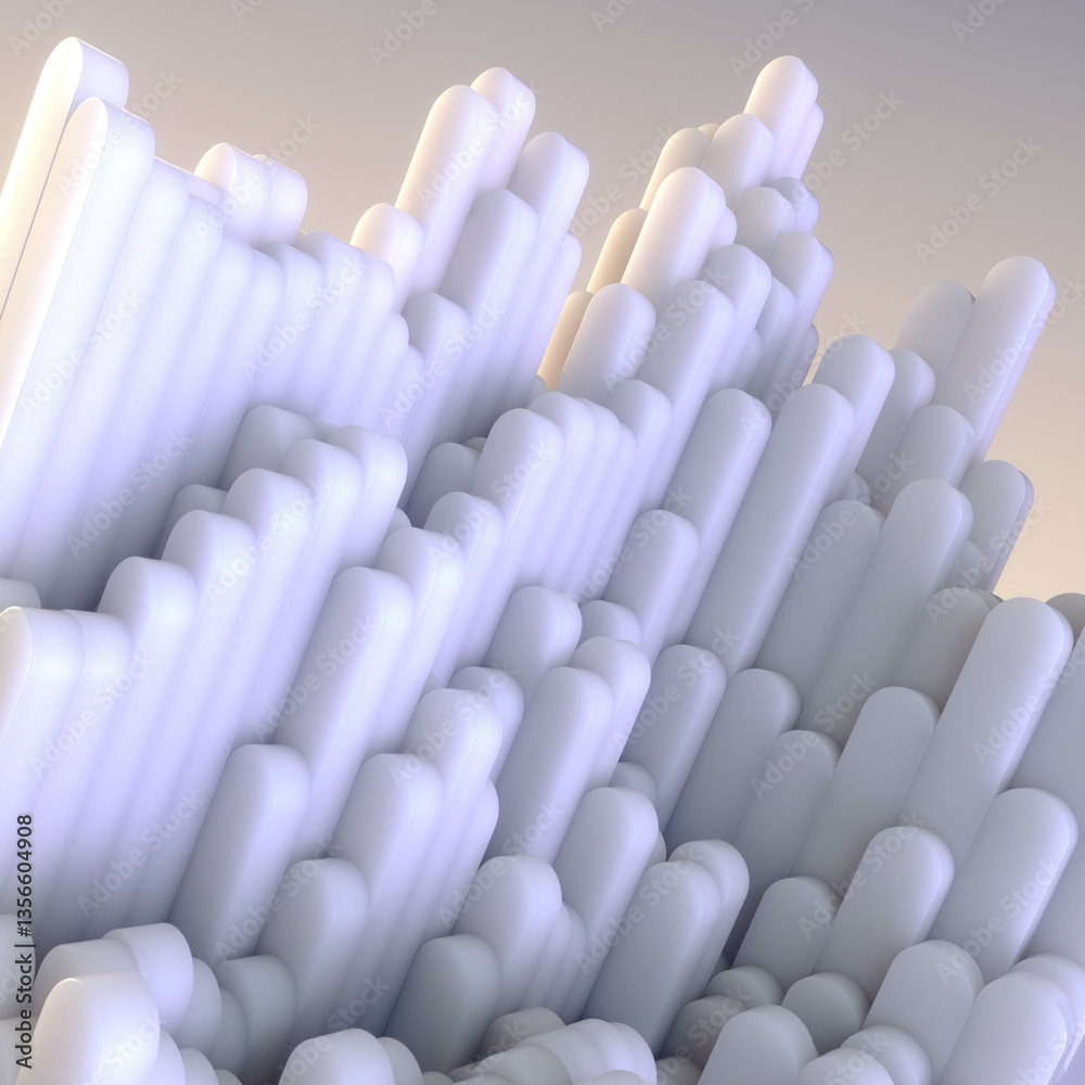 Poster illustration of an abstract composition in soft pastel colors, consisting of a group of cylindrical 
