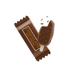 Chocolate Ice Cream 3D Icon. Brown chocolate popsicle with nuts and clean package 3d icon
