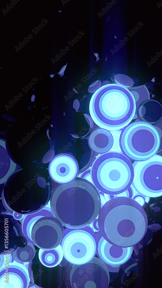 Aufkleber 3d rendering illustration of black spherical objects floating in the dark. Patterns of neon white-blue and purple shimmer on their surfaces, creating an effect of electrical energy