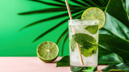 Fototapeta premium Refreshing beverage concepts perfect for summer themes featuring mint and lime Summer Drink Concept