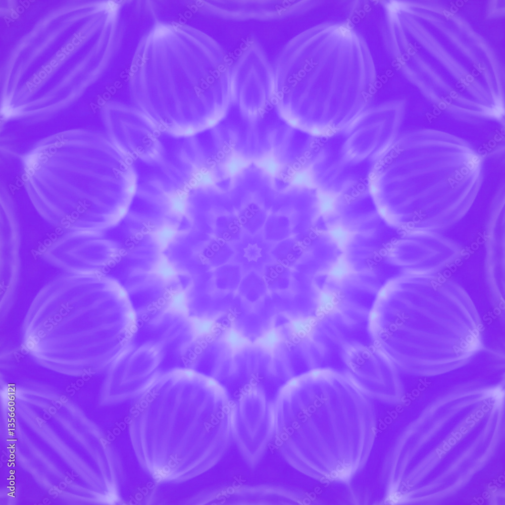Poster Illustration of abstract symmetrical star shape in blue color on purple background. The interweaving of fine lines creates a complex pattern with harmonious balance and lightness. 3d rendering