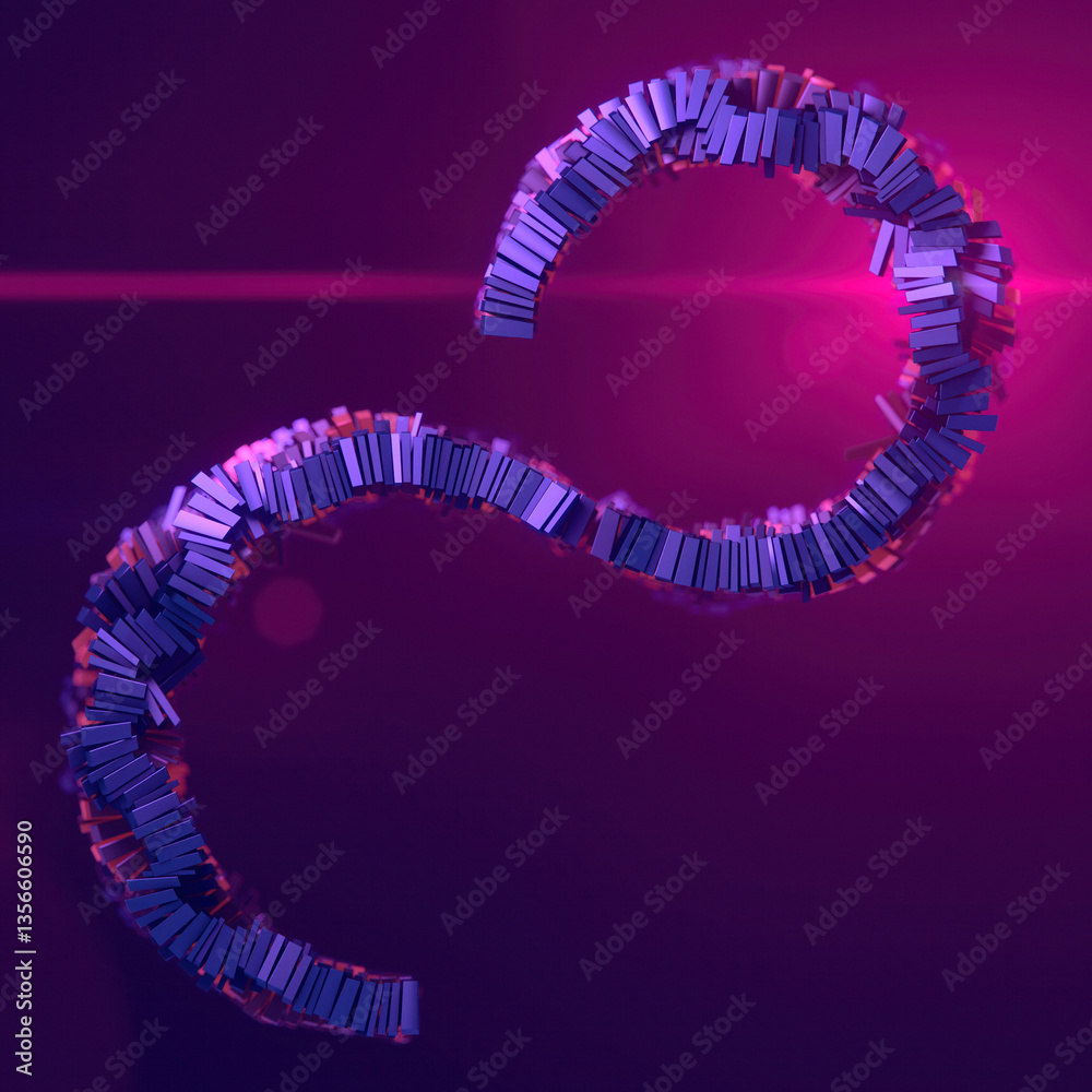 Poster curved wave formed by pink and purple metallic blocks shining on dark background. 3d rendering digit