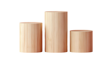 Wooden cylinders of varying heights on white background, cut out
