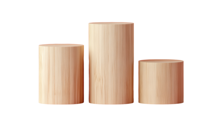 Wooden cylinders of varying heights on white background, cut out
