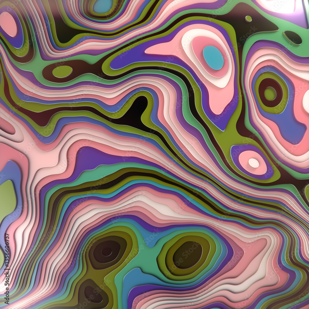 Aufkleber Digital illustration of a vibrant landscape with undulating curves and intricate patterns. 3d rendering