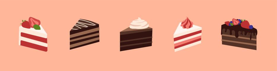 Assorted cake slices with fruit and chocolate toppings on peach background, vector.