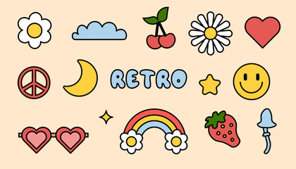 Retro-themed symbols of love, peace, and nature with heart-shaped glasses, clouds, and moon - vector.