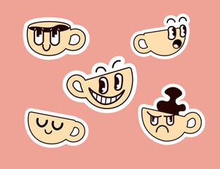 Cartoon coffee cups with various expressions on pink background - vector.