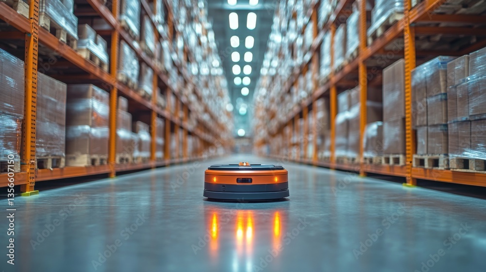 Poster a robotic device with glowing lights moves down an aisle in a large warehouse. rows of shelves packe