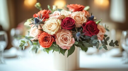 Obraz premium A photo of red and pink roses in boxes with bows, on top of an elegant table at the wedding party