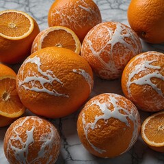 "A realistic orange with a natural sheen, lying on a marble countertop, highly detailed skin texture, no labels or markings."


