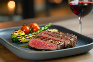 Grilled Wagyu beef steak cut with vegetables on a plate, with a glass of red wine on the table.