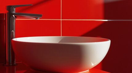 Modern bathroom sink with a white bowl and a silver faucet. the sink is placed on a red countertop against a red wall with white tiles.