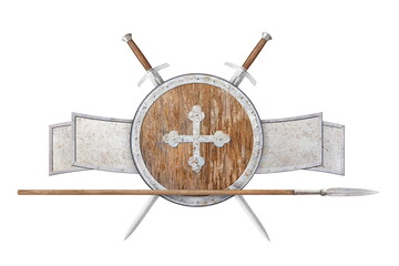 round wooden shield decorated with a cross and two swords and spear isolated on white