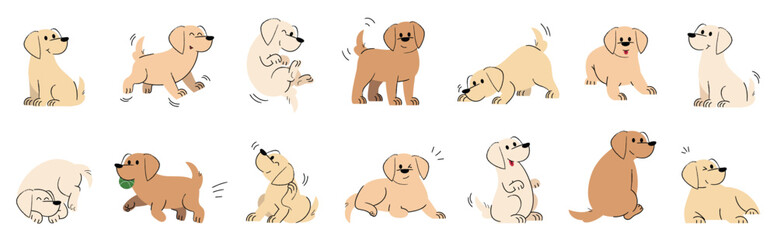 Cute dogs doodle vector set. Cartoon dog or puppy characters design collection with golden retriever breed and  flat color in different poses. Set of funny pet animals isolated on white background.  © TWINS DESIGN STUDIO