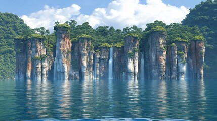 Tropical island waterfalls scenic landscape