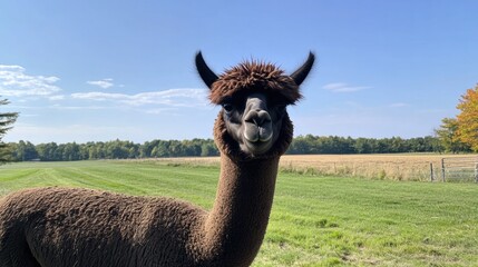 Curious alpaca gazes into camera, surrounded by lush green field