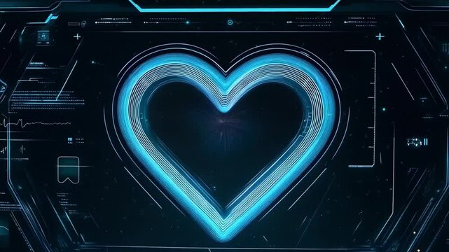 Futuristic glowing heart displayed on a digital interface with holographic effects
