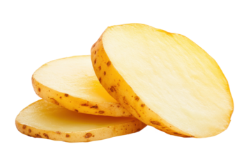 Freshly sliced raw potatoes isolated on white background, cut out