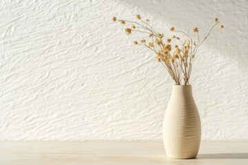 Minimalist vase holds dried flowers, casting soft shadows on tex