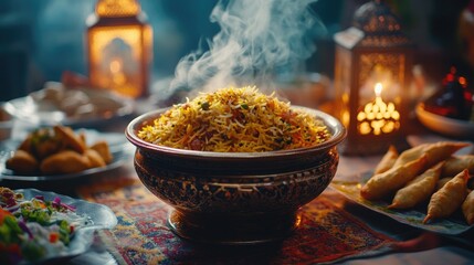 A close-up of steaming biryani served in a decorative bowl