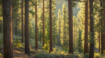 Naklejka premium A dense forest of towering pines dappled in sunlight, exuding a sense of timeless tranquility.