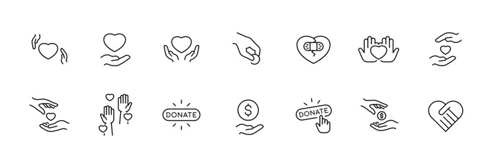 Charity and donation vector icons set with heart, hands, money symbols.